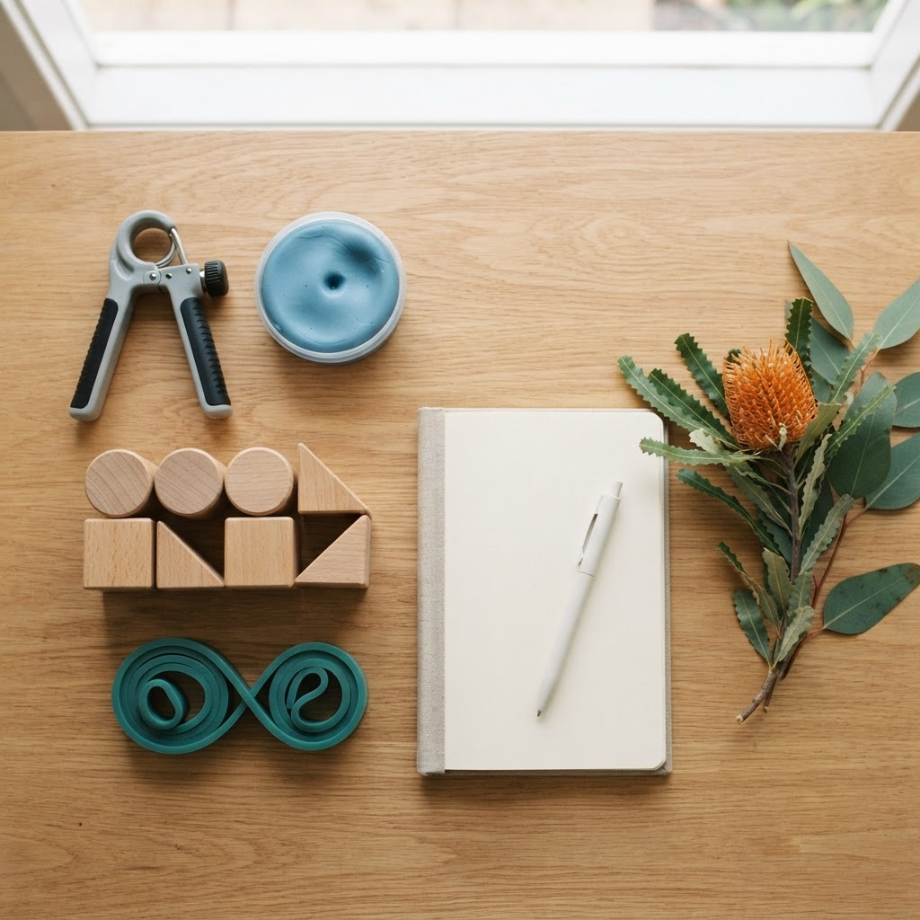 Occupational therapy tools including a hand grip trainer, therapy putty and resistance band on a light timber table with a sprig of banksia flower