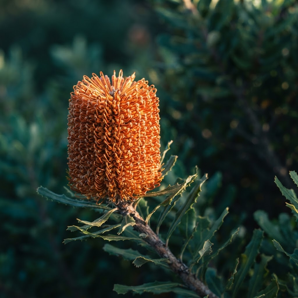 Close-up of a coastal banksia flower against soft green foliage